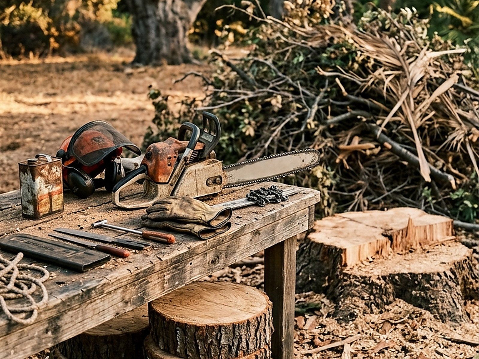 Illustrated — a chainsaw, ear protection, gloves and files laid out on a work bench