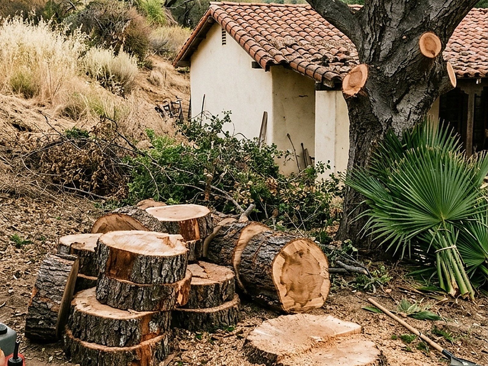 Illustrated — cut rounds and a trunk section on the ground below a tree with fresh pruning cuts