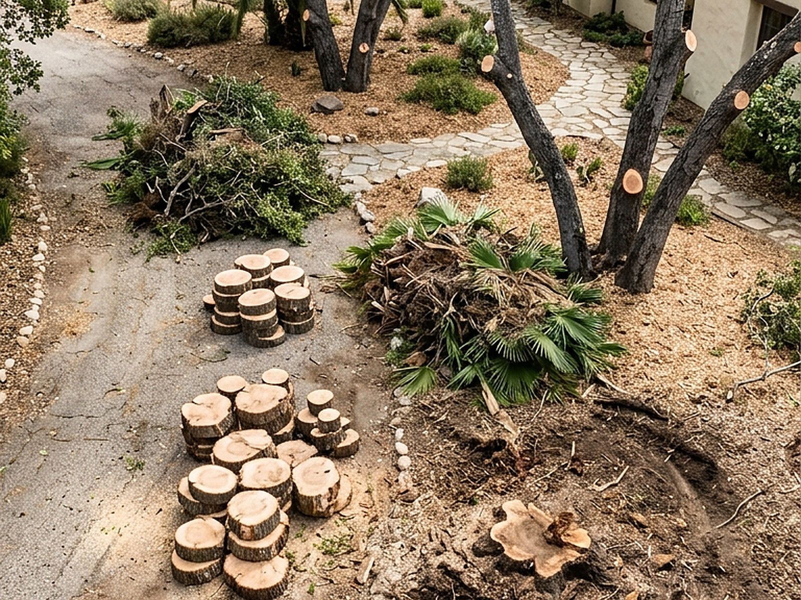 Illustrated — cut rounds stacked on a driveway with brush and palm fronds piled to one side