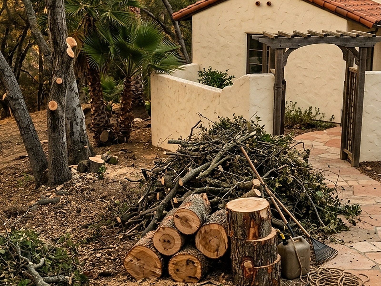 Illustrated — logs stacked beside a brush pile at a tile-roofed house, a rake and a fuel can on the ground