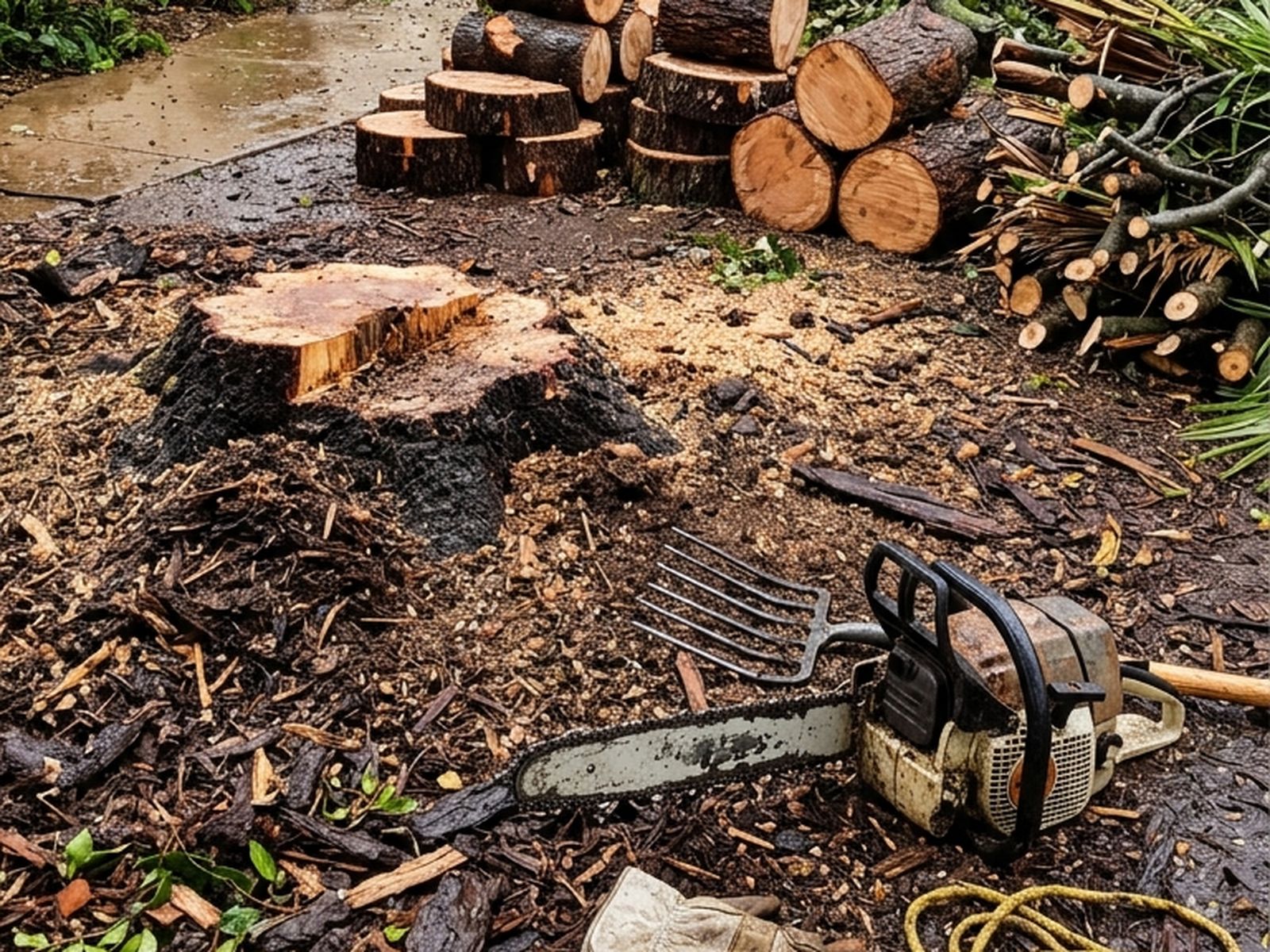 Illustrated — a fresh stump in wood chips with cut rounds stacked behind it and a saw on the ground